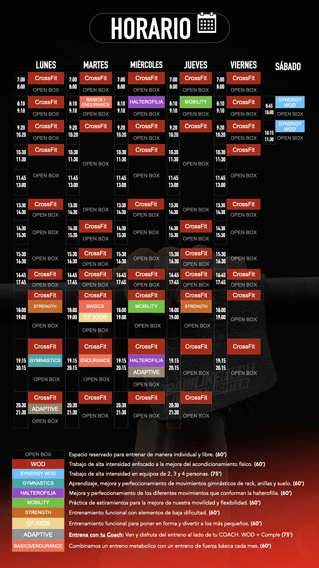 Horario semanal de clases CrossFit VNG